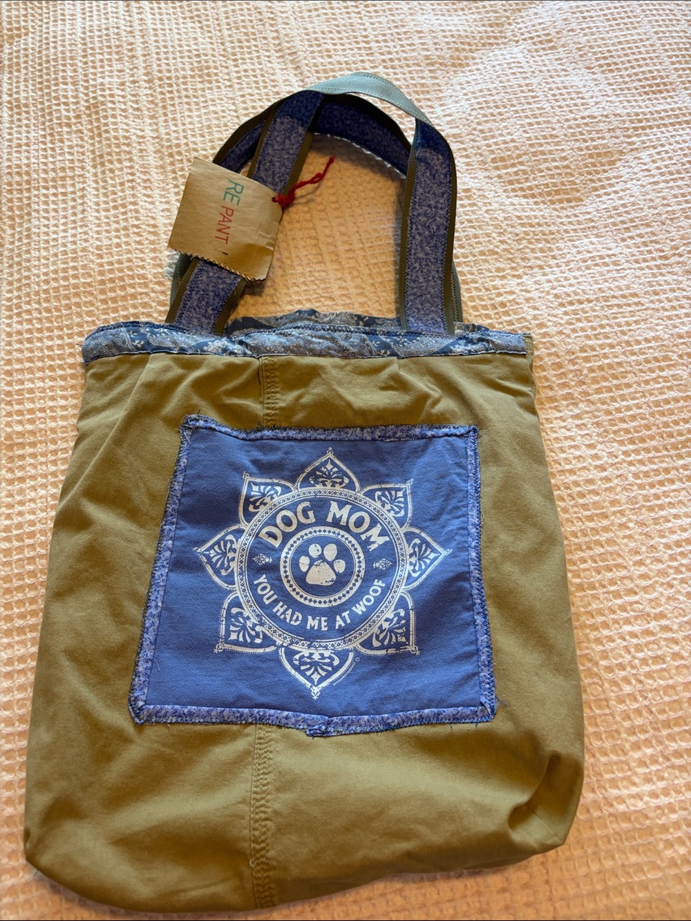 Dog Mom Green & Blue Canvas Tote Bag by